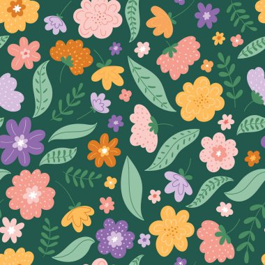 Kumaş, duvar kağıdı veya ambalaj kağıdı için vektör dekoratif desenli desen tasarımı. Yeşil arka planda çiçekli tekrarlanan iz.