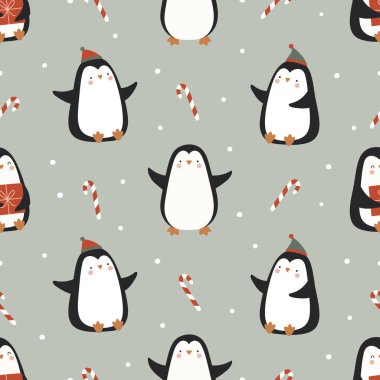 Komik penguenler ve baston şekerlerle kusursuz bir Noel deseni. Noel tekstil ürünleri, ambalaj kağıdı, kumaş.