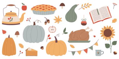 Sonbahar elementleri seti. El çizimi vektörü beyaz arkaplanda izole edildi