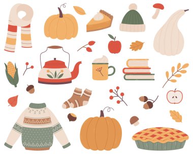 Sonbahar elementleri seti. El çizimi vektörü beyaz arkaplanda izole edildi