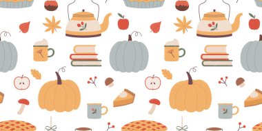 Sonbahar elementleriyle kusursuz desen. El çizimi vektörü beyaz arkaplanda izole edildi