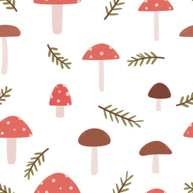 Sivri uçlu sonbahar desenleri, çeşitli mantarlar ve beyaz arka planda köknar dalları. Mevsimlik duvar kağıtları, ambalaj kağıtları, kumaşlar için ideal. Vektör illüstrasyonu