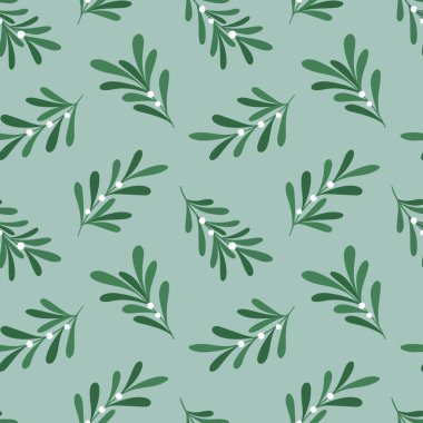 Kış bitkilerinde noel vektörü kusursuz desen. Açık yeşil arka planda ökse otu dalları