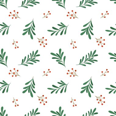 Kış bitkileri ve böğürtlenlerle kusursuz bir Noel deseni. Kumaş, ambalaj kağıdı, tekstil için vektör illüstrasyonu