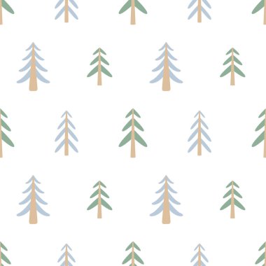 Beyaz arka planda çeşitli köknar ağaçları olan kusursuz vektör Noel deseni. Ambalaj kağıdı, kumaş, tekstil, duvar kağıdı için.