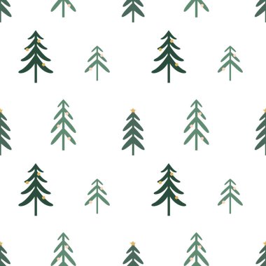 Beyaz arka planda çeşitli köknar ağaçları olan kusursuz vektör Noel deseni. Ambalaj kağıdı, kumaş, tekstil, duvar kağıdı için.