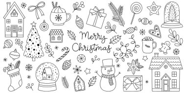 Büyük bir Noel ve Yeni Yıl seti karalama stilinde zirve yapıyor. Tasarım için hoş bir illüstrasyon, tebrik kartı, dekorasyon, tekstil. El çizimi. Vektör illüstrasyonu EPS10. Beyazda izole edilmiş. Kış.