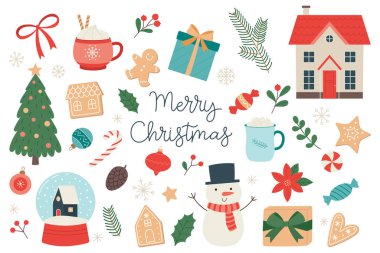 Büyük bir Noel ve Yeni Yıl çizimi seti. Tasarım için hoş bir illüstrasyon, tebrik kartı, dekorasyon, tekstil. El çizimi. Beyaz üzerine izole edilmiş vektör.