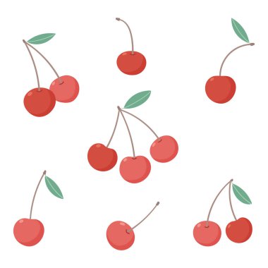 Kirazlar hazır. Beyaz arkaplanda basit düz bir resimle çizilmiş vektör el çizimi.
