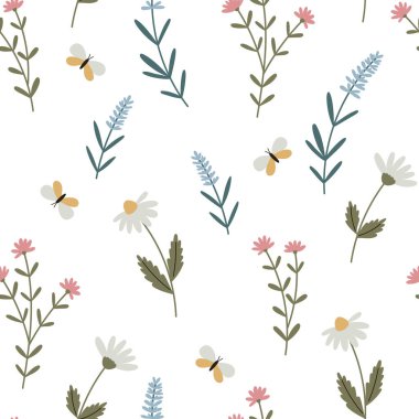 Çiçekler ve bitkilerle çiçeksiz desen kumaş, ambalaj kağıdı ve kartlar için kusursuz desen.