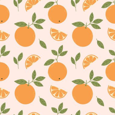 Portakallar, kusursuz vektör deseni. Pembe arka planda portakallı parlak yaz şablonu düz bir şekilde. Yaz tekstil, kumaş, ambalaj için