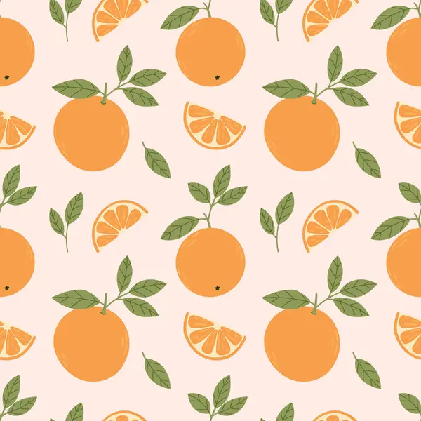 Portakallar, kusursuz vektör deseni. Pembe arka planda portakallı parlak yaz şablonu düz bir şekilde. Yaz tekstil, kumaş, ambalaj için