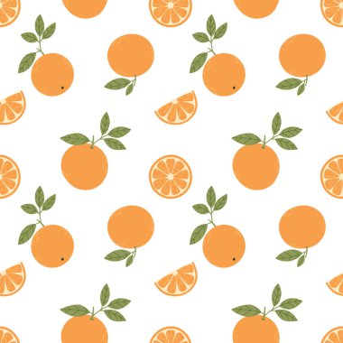 Portakallar, kusursuz vektör deseni. Parlak yaz şablonu, portakallar beyaz arka planda, düz bir şekilde. Yaz tekstil, kumaş, ambalaj için