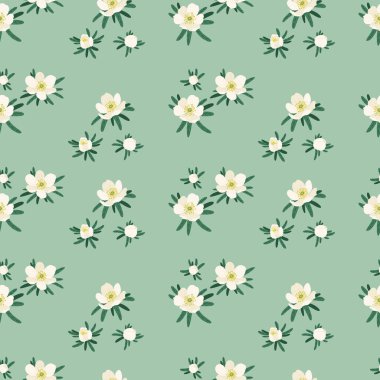 Çiçeksiz çiçek deseni açık yeşil arka planda narin bahar çiçekleri. Düz bir şekilde vektör illüstrasyonu. Kumaş, tekstil, duvar kağıdı, ambalaj için.