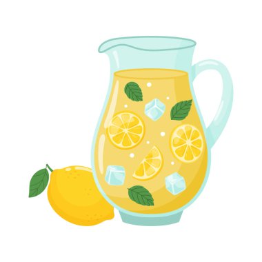 Ev yapımı limonata vektör çizimi. Cam sürahide limonata, cam sürahi ve beyaz arka planda limonata ile parlak düz bir resim.