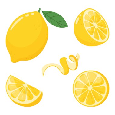 Limon vektör kümesi, çeşitli limonlar, dilimler ve lezzet beyaz zemin üzerinde basit düz bir şekilde