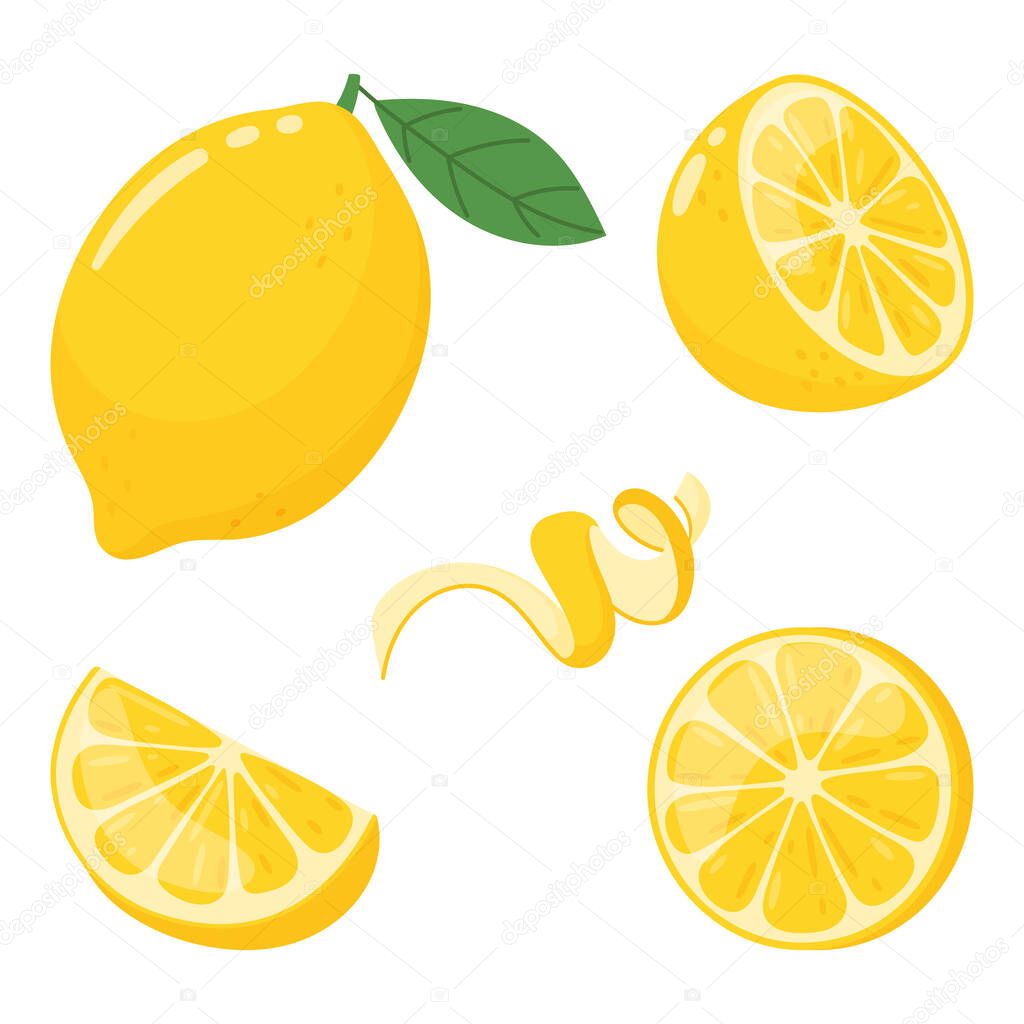 Lemons vector set, various lemons, slices and zest in simple flat style on white background