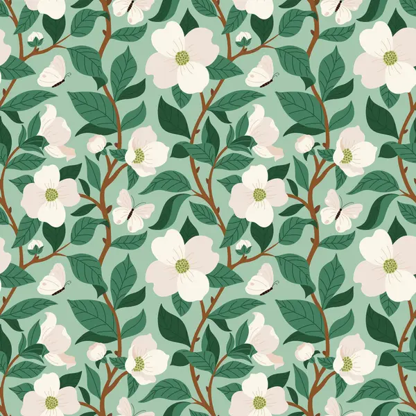 Çiçeksiz vektör deseni, çiçek açan ağaç dalları ve açık yeşil arka planda kelebekler. Düz bir şekilde vektör illüstrasyonu. Kumaş, tekstil, duvar kağıdı, ambalaj için.