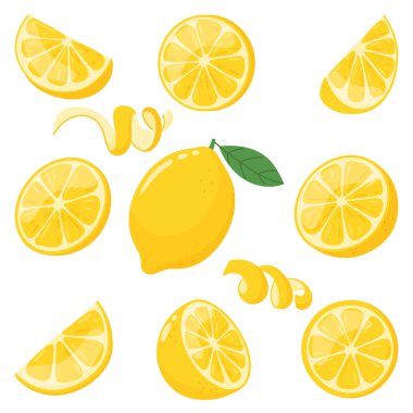 Limon vektör kümesi, çeşitli limonlar, dilimler ve lezzet beyaz zemin üzerinde basit düz bir şekilde