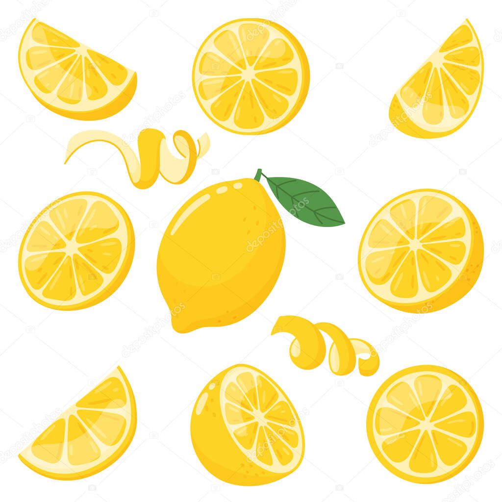 Lemons vector set, various lemons, slices and zest in simple flat style on white background