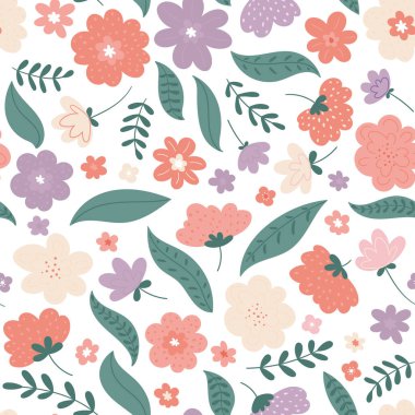 Kumaş, duvar kağıdı veya ambalaj kağıdı için vektör dekoratif desenli desen tasarımı. Beyaz arkaplanda çiçek desenli baskılar.