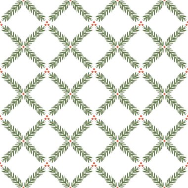 Kırmızı böğürtlenli yeşil çam dallarıyla beyaz arka planda geometrik elmas kafes oluşturan şenliksiz desenler. Noel ambalaj kağıtları, tekstil, duvar kağıtları ve mevsimlik tasarım projeleri için ideal.
