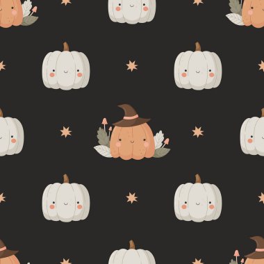 Gülen balkabakları, cadı şapkası takan ve siyah arkaplanda yıldızlarla sıralanmış yapraklar ve mantarlarla çevrili sevimli, pürüzsüz Cadılar Bayramı deseni. Çocuklar için mükemmel Cadılar Bayramı dekoru, ambalaj kağıdı, kumaş ve mevsimlik projeler