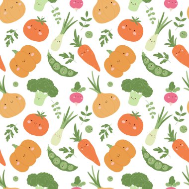 Tatlı sebzeler ve otlarla kusursuz bir desen. Kawaii tarzı brokoli, domates, balkabağı, soğan, havuç, turp, bezelye ve yeşillik. Çocuk tasarımı, kumaşı ve ambalajı için mükemmel..