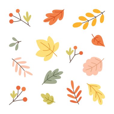 Elle çizilmiş vektör sonbahar yaprakları ve dut elementlerinin düz bir şekilde toplanması. Kendi mevsimlik kompozisyonlarınızı, kartlarınızı ve sonbahar tasarımlarınızı yaratmak için ideal.