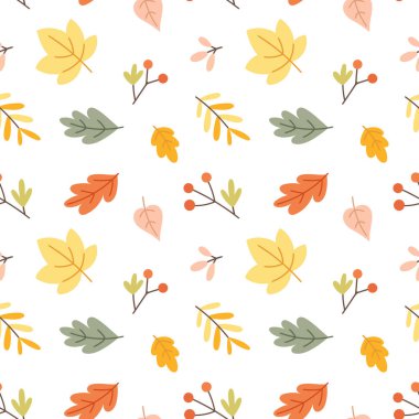 Renkli yapraklar ve böğürtlenlerle kusursuz sonbahar deseni. Paketleme, tekstil, ambalaj kağıdı, yapıştırma kitabı ve sezonluk arka planlar için mükemmel..