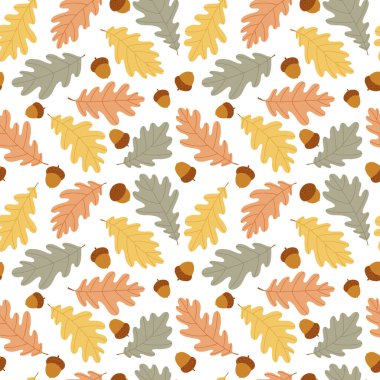 Elle çizilmiş meşe yaprakları ve sıcak sonbahar renklerinde meşe palamudu ile kusursuz bir düşüş şekli. Mevsimlik tasarım, ambalaj kağıdı, kumaş ve yapıştırma kitabı için mükemmel..