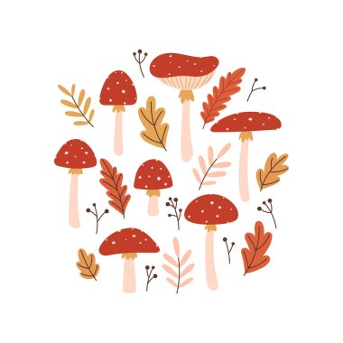 Beyaz arka planda parlak sinek agarikleri, kırmızı ve turuncu yapraklar, ince dallar ve bitki elementleriyle yuvarlak sonbahar kompozisyonu. Sıcak doğal bir palette simetrik tasarım. Parmak izi, ambalaj, kartpostallar ve mevsimlik tasarımlar için ideal. Vektör biçimi, düz