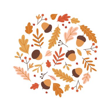 Meşe palamudu, renkli sonbahar yaprakları, böğürtlen ve dallarla dolu parlak yuvarlak bir kompozisyon. Kırmızı-turuncu-sarı gözlüklü sıcak palet. Sonbahar tasarımı, kartlar, baskılar, ambalajlar ve dekorasyonlar için mükemmel. Çizgi film tarzında vektör illüstrasyonu.