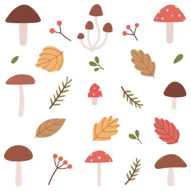 Orman mantarları, yapraklar, böğürtlenler ve meşe palamudu içeren tuhaf sonbahar vektör koleksiyonu. Çocuklar için harika, sonbahar dekoru, koleksiyon defteri ve kağıt parçaları..