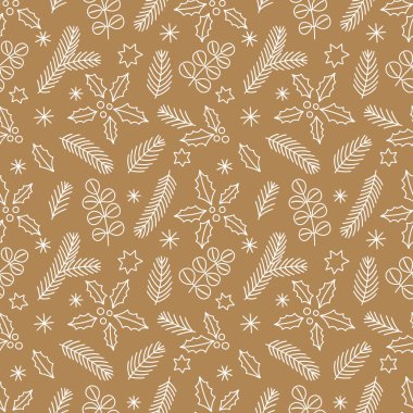 Elle çizilmiş kutsal yapraklar, okaliptüs dalları, çam iğneleri, yıldızlar ve altın zemin üzerinde kar taneleri olan kusursuz bir Noel deseni. Ambalaj kağıdı, ambalaj, kumaş, duvar kağıdı ve mevsimlik dijital projeler için modern tatil vektörü.