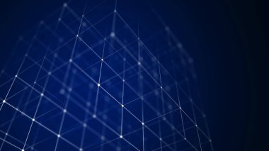 Soyut kablo küpü. Dijital engelleme zinciri kavramı. Noktalı ve çizgili fütüristik mavi arka plan. 3B görüntüleme.
