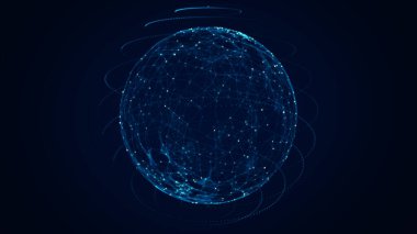Noktaları ve çizgileri birleştiren teknoloji mavisi küre. Dijital soyut ağ yapısı. 3B görüntüleme.