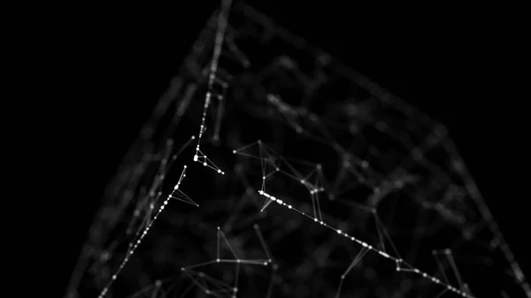 抽象的なワイヤーフレームキューブ デジタルブロックチェーンの概念 点と線で未来的な暗い背景 3Dレンダリング — ストック写真