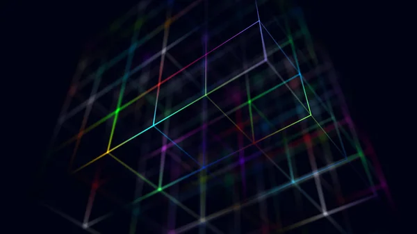 Абстрактный Куб Проволоки Концепция Цифровой Блокчейн Футуристический Синий Фон Точками — стоковое фото