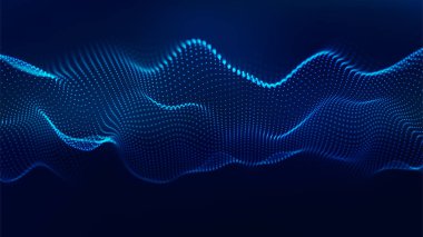 Soyut mavi fütüristik dalga. Parçacık akışı. Büyük veri transferi görselleştirmesi. Vektör illüstrasyonu.