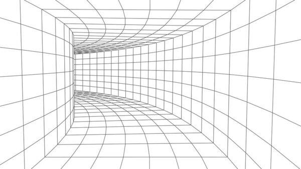 Белая комната для прослушки. Пустой перспективный ящик. Футуристический цифровой куб сетки. Киберпространство с сеткой в виртуальной реальности. Векторная иллюстрация.