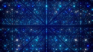 Soyut gelecek sonsuzluk hız arkaplanı. Yıldızlı dijital hiperuzay patlaması. Mavi zemin üzerinde dinamik hareket parçacıkları. Mavi hiper atlama. 3B görüntüleme.