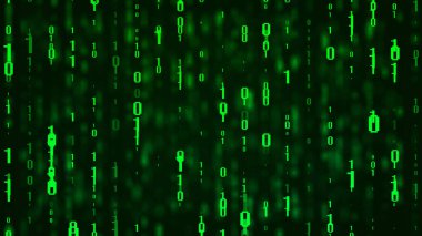 Yeşil matris arka planı. İkili kod akışı. Karanlık arka planda düşen numaralar. Dijital bilgisayar kodu. Kodlama ve hackleme. 3B görüntüleme.
