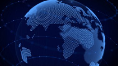 Ağ bağlantısı yapısı. Gezegendeki dijital bağlantı verilerine sahip soyut teknoloji arka planı. Noktalardan oluşan Dünya haritası. Blockchain konsepti. 3B görüntüleme.