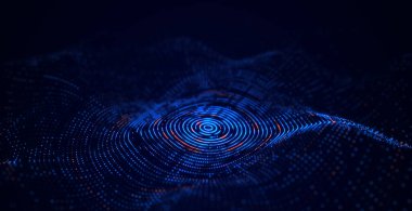 Soyut teknoloji dairesi mavi dalga. Parçacık akışı. Büyük veri transferi görselleştirmesi. 3B görüntüleme.