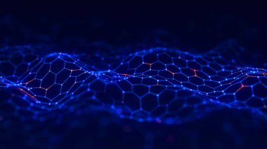Dijital dinamik siber dalga. Noktalı ve çizgili soyut fütüristik altıgen arkaplan. Büyük veri görselleştirmesi. 3B görüntüleme.