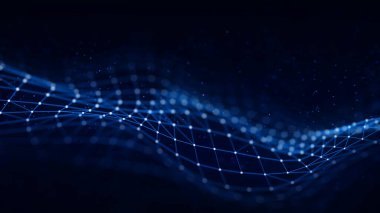 Noktalı ve çizgili soyut mavi teknoloji dalgası. Parçacık akışı. Büyük veri transferi görselleştirmesi. 3d oluşturma.