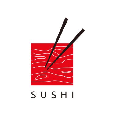 Suşi yemeği, yemek çubuğu restoran sembolü logo tasarımı, vektör çizimi