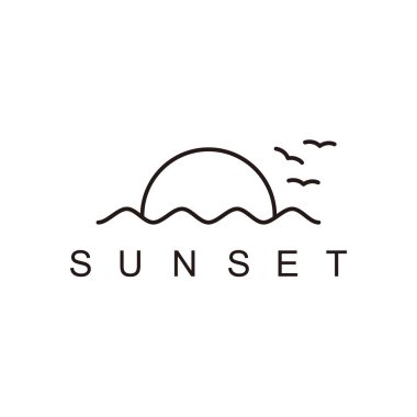 Plaj okyanusu gün batımı basit minimalist çizim sembolü logo tasarımı çizimi illüstrasyonu