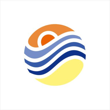 Plaj okyanusu dalgası gün doğumu görüntüsü renkli sembol logo tasarımı çizimi illüstrasyonu